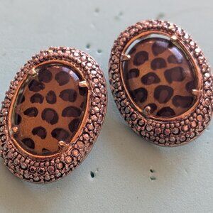 Vintage Leopard Print Earrings - Oval Rhinestone Studs - Bold Animal Print Jewel